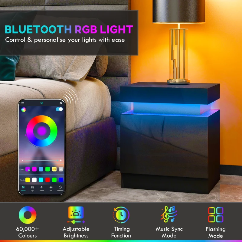 HOMCOM Nightstand, Bedside Table with LED Lights and 2 Drawers for Bedroom, Living Room, Black