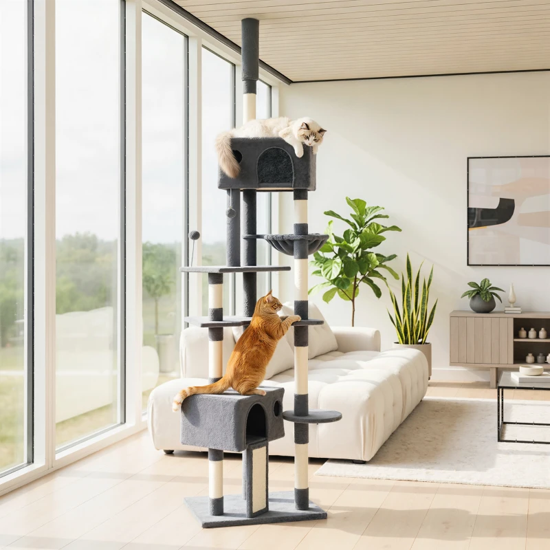 PawHut 91"-98" Floor to Ceiling Cat Tree with 2 Condos, Hammock and Sisal Scratching Posts, for Indoor, Dark Grey