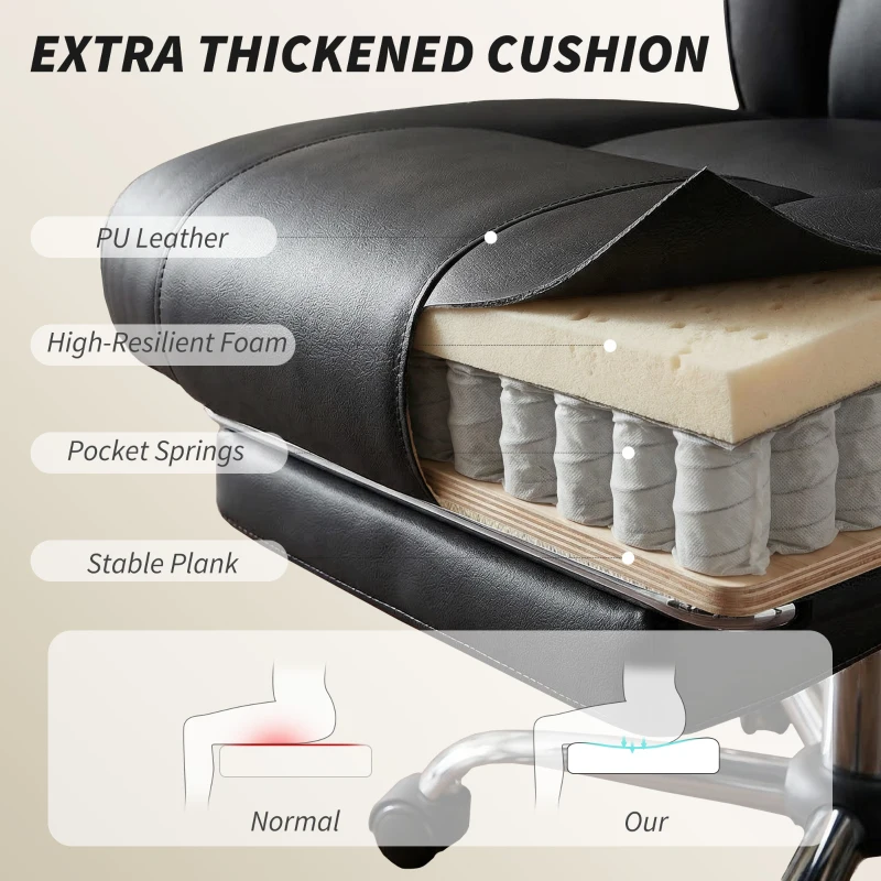 HOMCOM Reclining Office Chair, Overstuffed Executive Desk Chair with High Back, PU Leather, Footrest, Swivel Wheels, Black