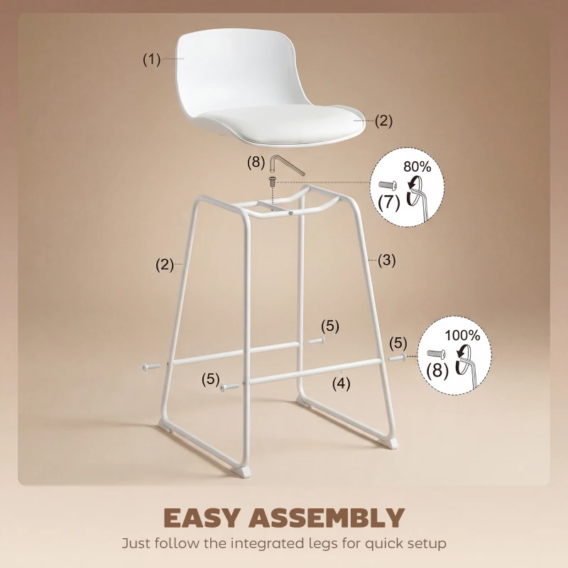 HOMCOM Modern Bar Stools Set of 2, PU Leather Barstools, Counter Height Kitchen Chairs for Breakfast Bars, Dining Room, White
