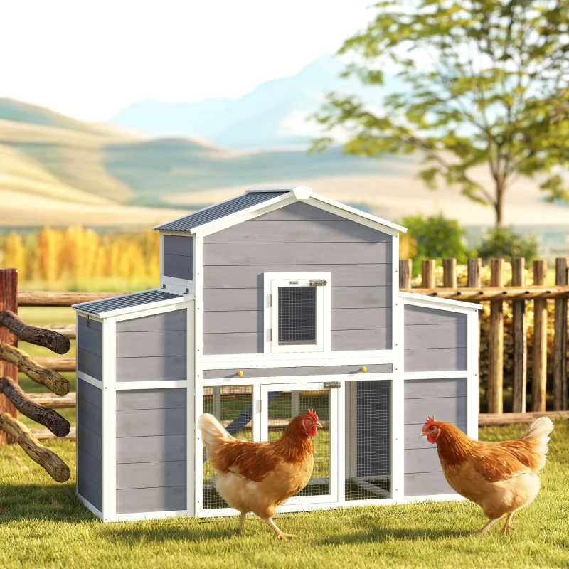 PawHut 66.5" Large Chicken Coop, Wooden Chicken House with 2 Nesting Boxes, Sliding Tray & Ramp, for Outdoor Backyard Farm