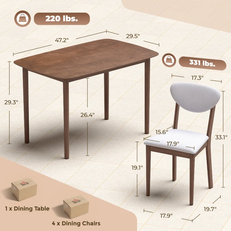 HOMCOM 5-Piece Dining Table Set for 4, Mid-Century Modern Kitchen Table and Chairs, Light Gray