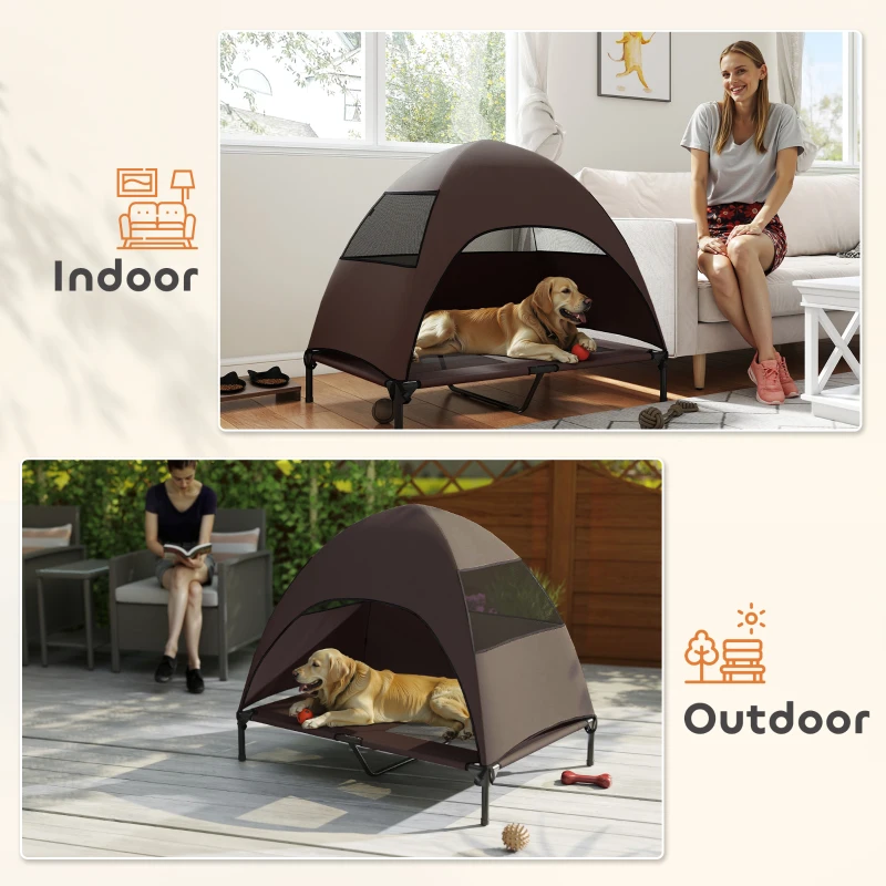 PawHut Elevated Dog Bed with Canopy Raised Dog Bed  Washable Mesh Steel Frame 41.7" x 29.9" x 39" Coffee