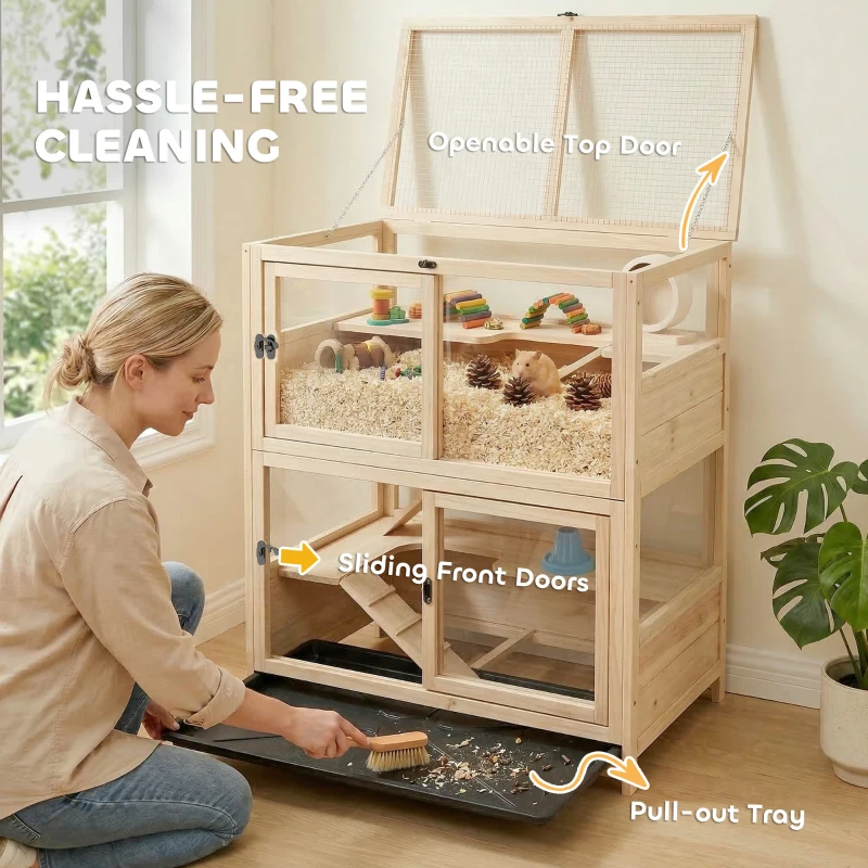 PawHut Wooden Hamster Cage, 4 Tier Small Animal Cage with Mesh Flip Roof, Pull-Out Tray, Huts, Seesaws, Ramps and Water Bottles
