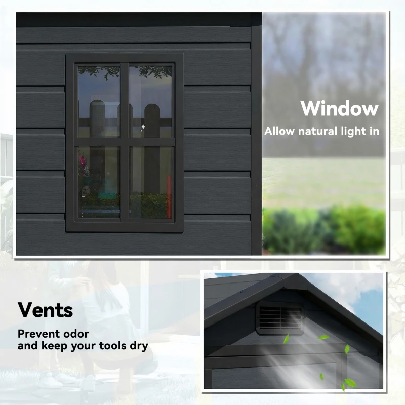 Outsunny 4' x 3' Plastic Garden Shed with Floor, Outdoor Small Shed with Lockable Door, Window and Vent, Dark Grey