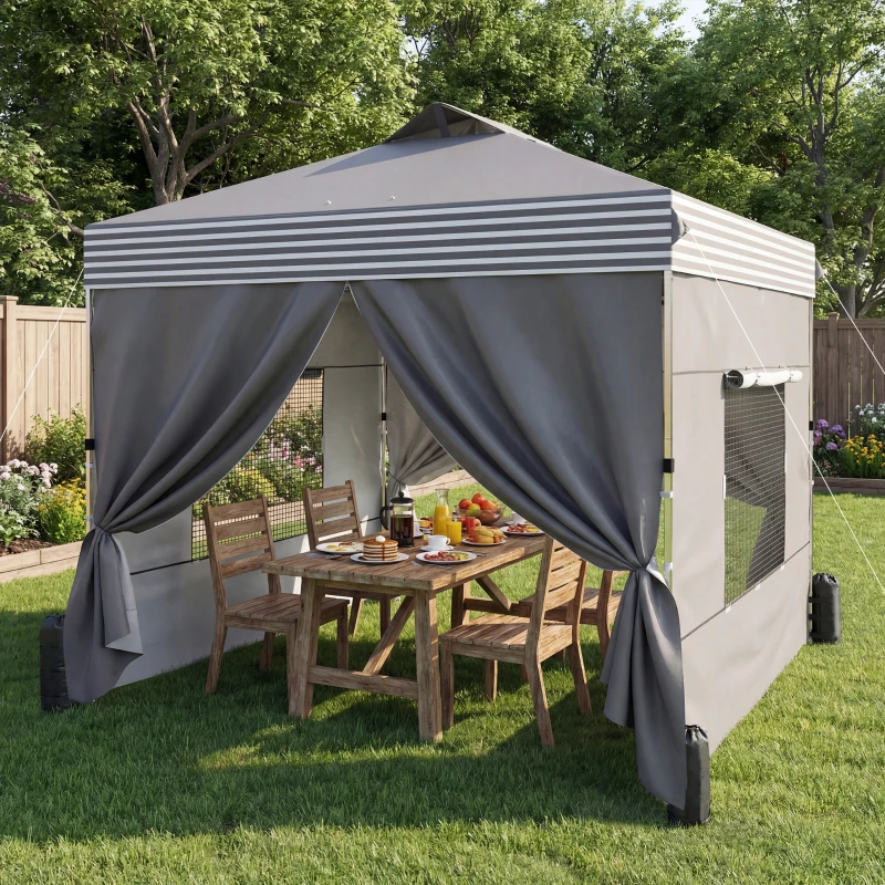 Outsunny 10 x 10 ft Pop Up Canopy Tent with 4 Sidewalls, UPF 50+ 1-Button Push Outdoor Instant Canopy with Wheeled Bag, Dark Grey
