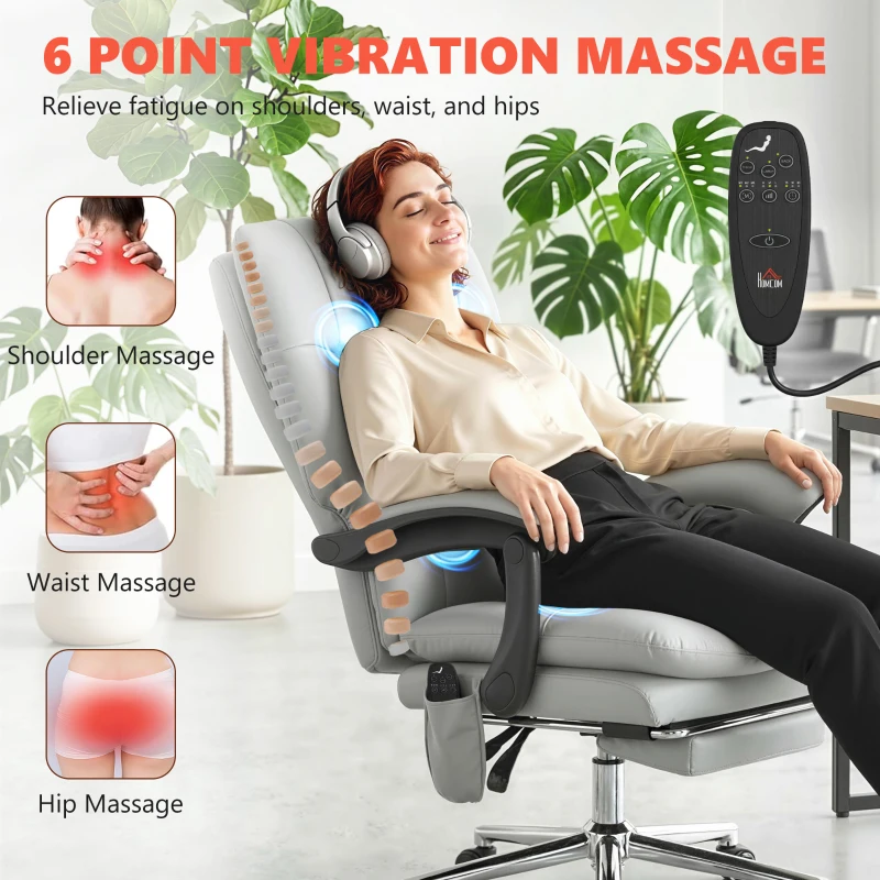 HOMCOM Massage Office Chair with 6-Point Vibration, Pet-Friendly Faux Leather Ergonomic Executive Desk Chair, Light Gray