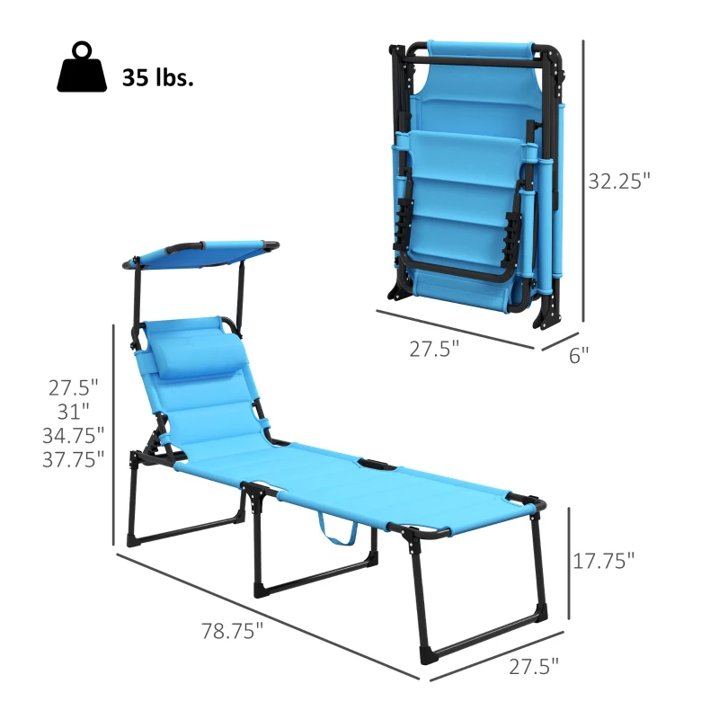 Outsunny 2 Pcs Outdoor Lounge Chair, 4 Position Adjustable Backrest, Folding, Cushioned w/ Sun Shade Roof & Pillow, Blue