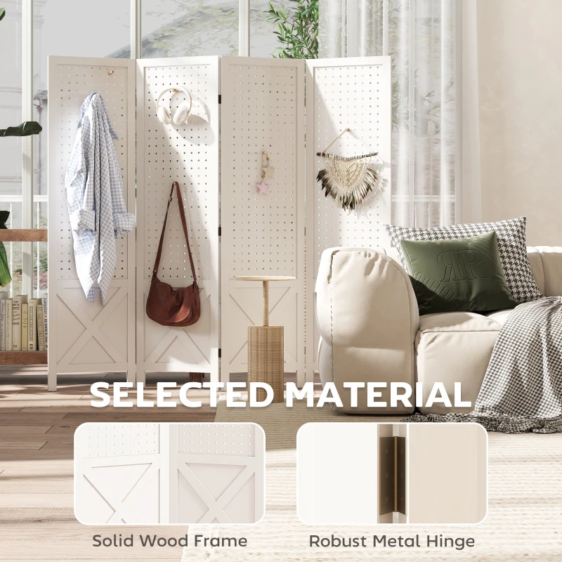 HOMCOM 56.9" 4 Panel Wooden Room Divider with Pegboard Display, Folding Privacy Screen for Home Office, White