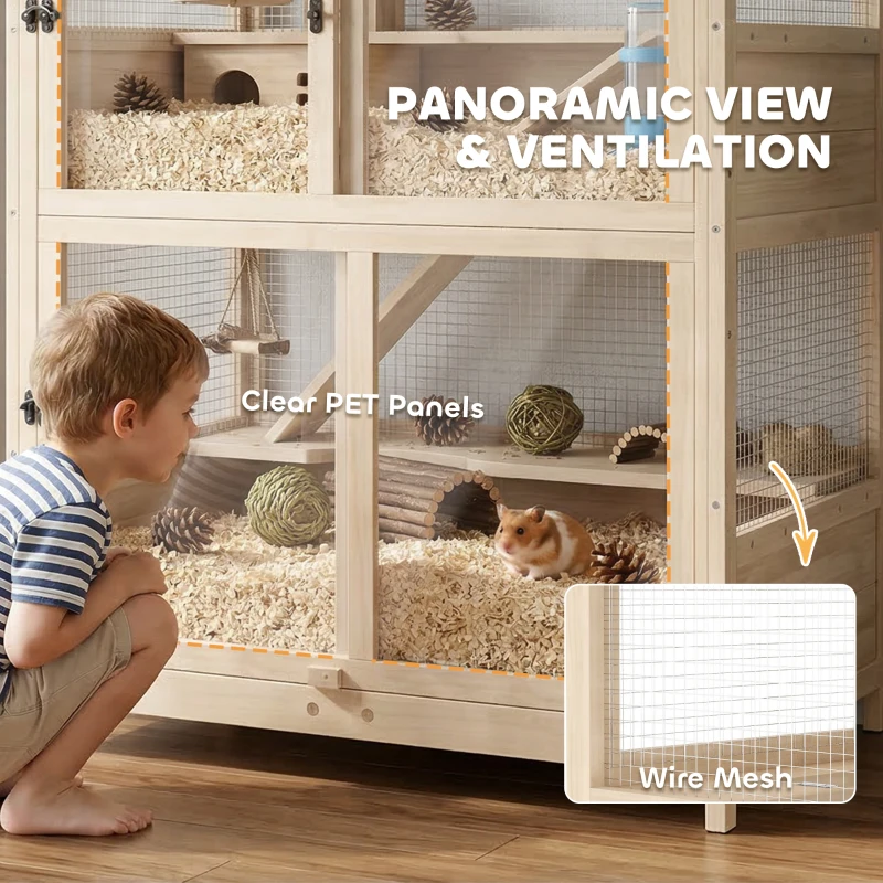 PawHut Wooden Hamster Cage, 4 Tier Small Animal Cage with Mesh Flip Roof, Pull-Out Tray, Huts, Seesaws, Ramps and Water Bottles