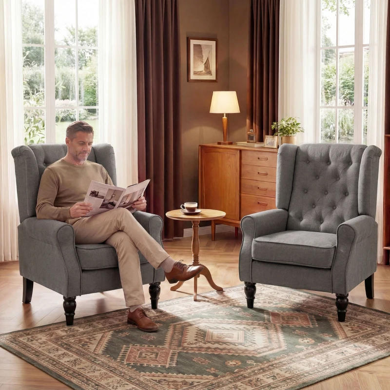 HOMCOM Wingback Accent Chair for Living Room, Button-Tufted Lounge Chair with Round Armrests and Wood Legs, Dark Gray