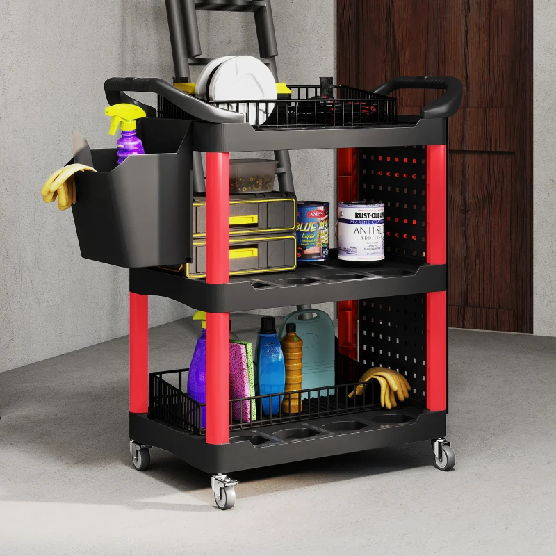 HOMCOM 3-Tier Rolling Tool Cart, 200 LBS Capacity Plastic Utility Cart with Side Shelf and Storage Bucket, Black & Red