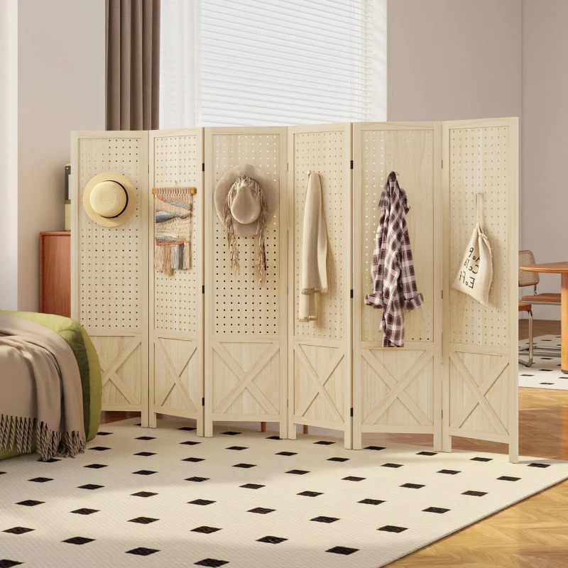 HOMCOM Wooden Room Divider with Pegboard Display, 6 Panel Folding Privacy Screen for Home Office, Natural Wood