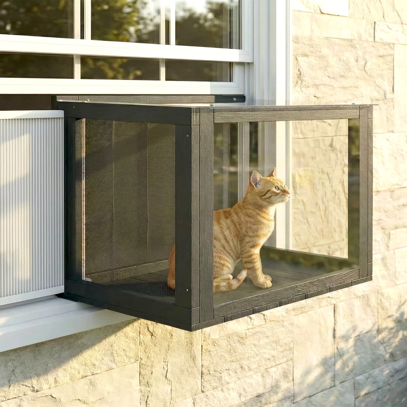 PawHut Catio Outdoor Cat Enclosure 25"–41" Outdoor Cat House for Sunbathing, Napping & Overlooking