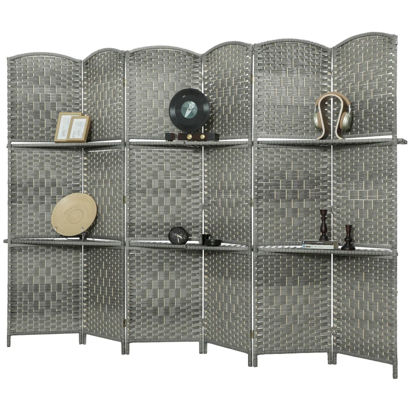 HOMCOM 6 FT Privacy Screen, 6 Panel Room Divider with Shelves for Living Room Bedroom Home Office, Grey
