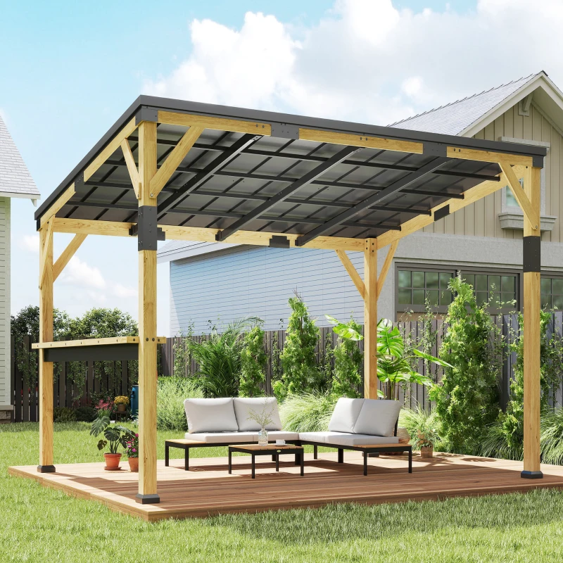 Outsunny 10' x 14' Wooden Gazebo, Hardtop Lean-to Gazebo Pergola with Galvanized Steel Sloped Roof, Bar Shelf, Natural Wood