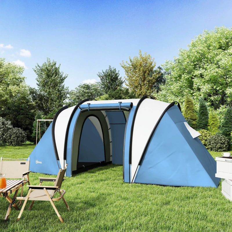 Outsunny Camping Tent with 2 Bedrooms and Living Area, 3000mm Waterproof Family Tent, for Fishing Hiking Festival, Blue