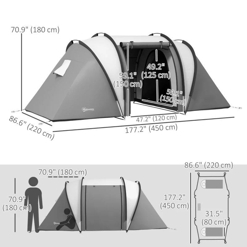 Outsunny Camping Tent with 2 Bedrooms and Living Area, 3000mm Waterproof Family Tent, for Fishing Hiking Festival, Grey
