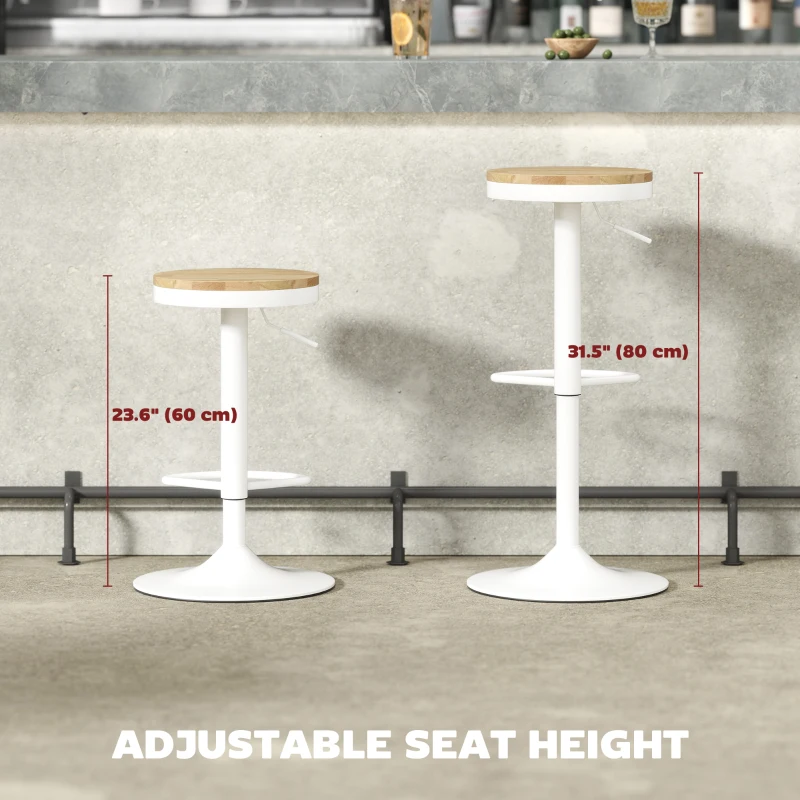 HOMCOM Wood Barstools Set of 2, Swivel Bar Stools with Adjustable Height for Kitchen Counter, Natural Wood and White