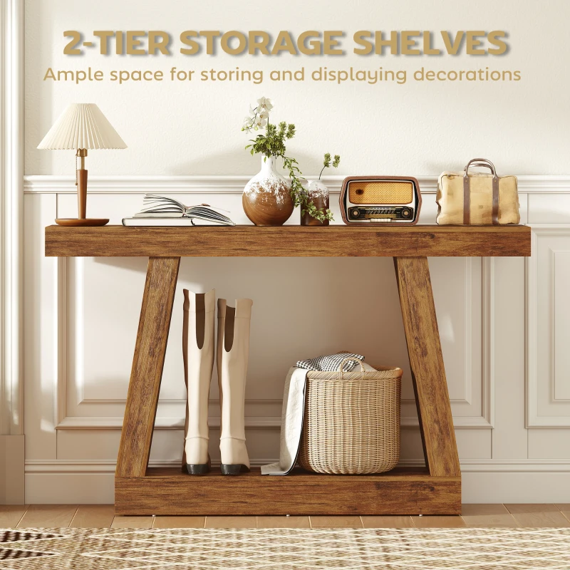 HOMCOM 55" Farmhouse Console Table, 2-Tier Entryway Table with Storage for Hallway, Living Room, Behind Couch, Dark Brown