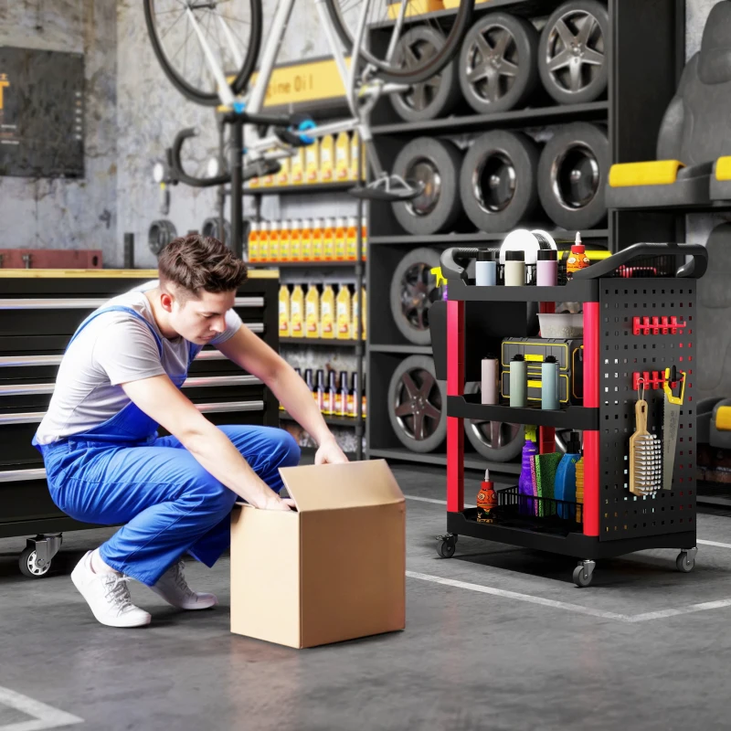 HOMCOM 3-Tier Rolling Tool Cart, 200 LBS Capacity Plastic Utility Cart with Side Shelf and Storage Bucket, Black & Red