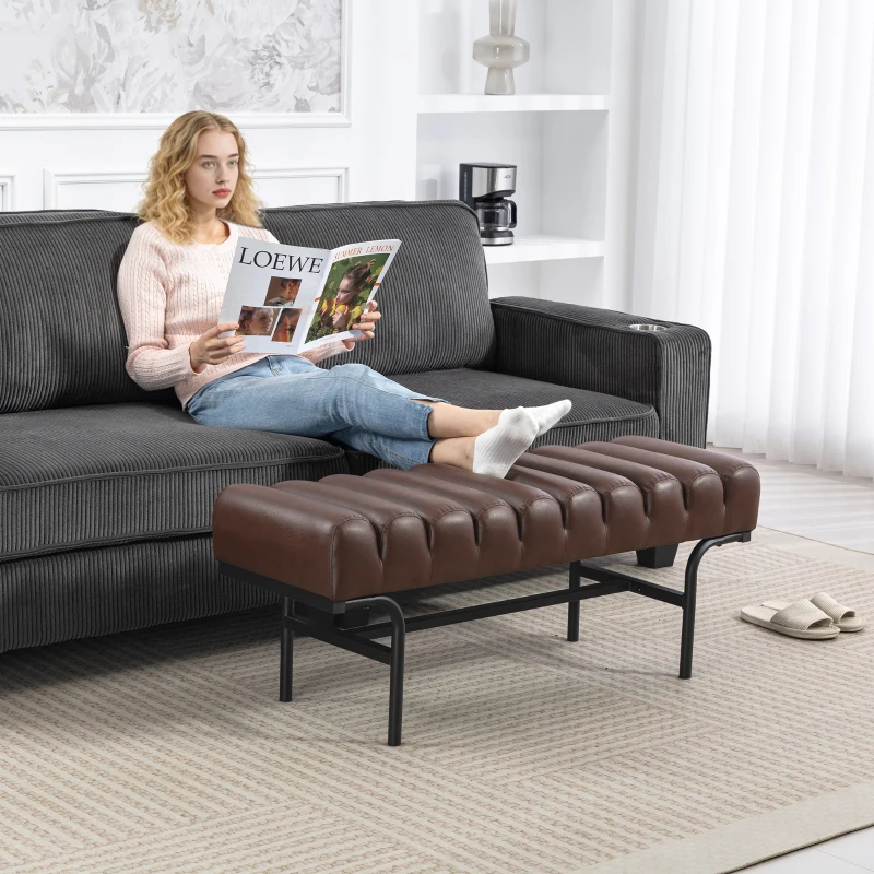 HOMCOM Bedroom Bench PU Leather End of Bed Bench with Cylindrical Seat and Metal Legs for Bedroom Living Room Hallway Brown