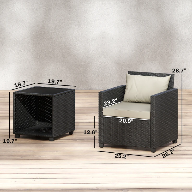 Outsunny 3 Piece Patio Bistro Set, Wicker Furniture Set with Thick Cushions, Glass Coffee Table and Chairs for Garden, Beige