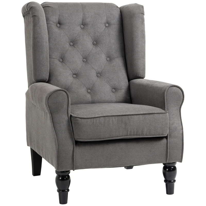 HOMCOM Wingback Accent Chair for Living Room, Button-Tufted Lounge Chair with Round Armrests and Wood Legs, Dark Gray