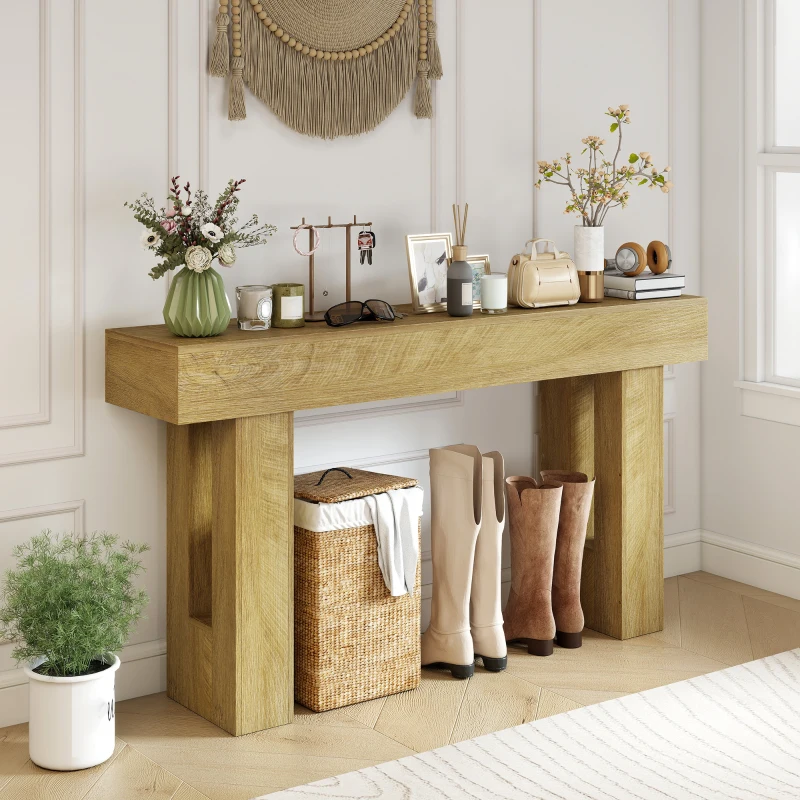 HOMCOM 63 Inch Console Table, Sofa Table Behind the Couch with Thickened Tabletop for Living Room, Hallway, Entrance, Oak