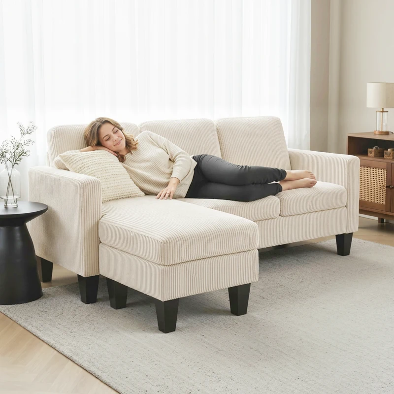 HOMCOM Sectional Sofa, L Shaped Couch, with Changeable Chaise or Ottoman, Cream White