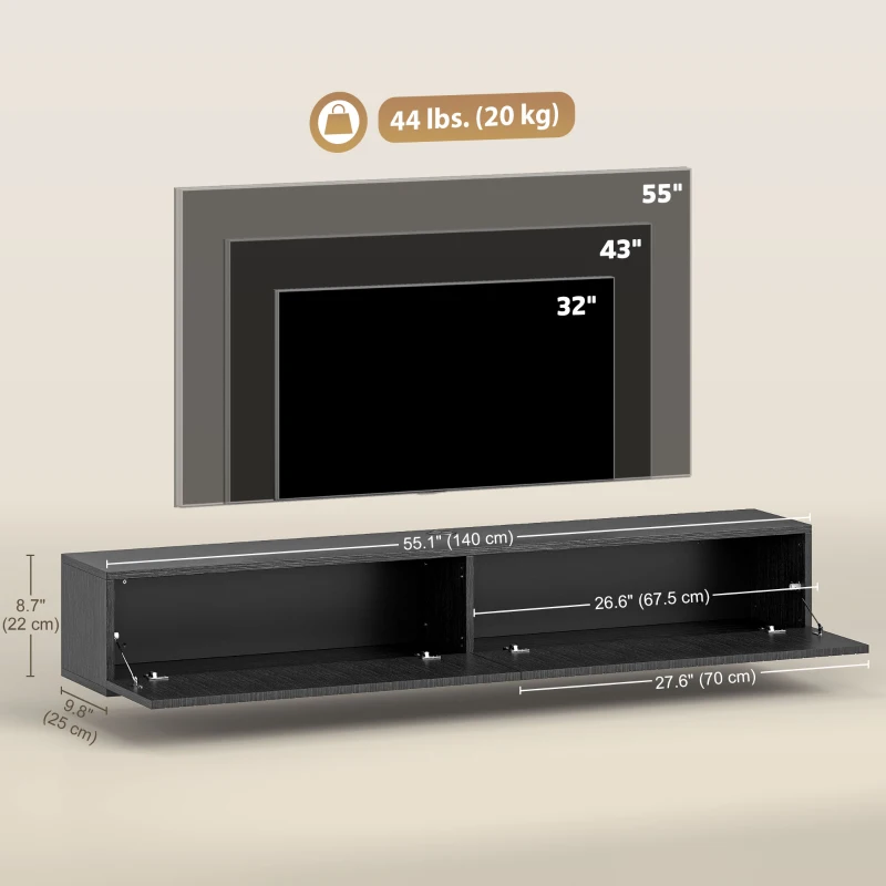 HOMCOM 55" Floating TV Stand for TVs up to 72 Inch, Wall Mount Media Console with 2 Fluted Flip-Down Doors, Cable Hole, Black