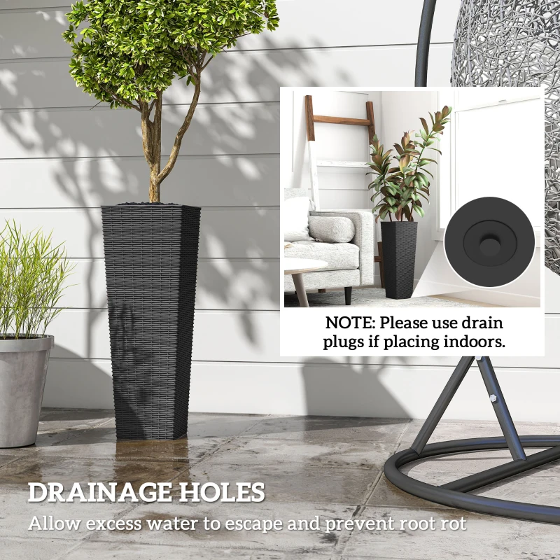 Outsunny 23.6 Inch Tall Planters for Outdoor Plants, Set of 2 Plastic Flower Pots with Drainage Holes, Black