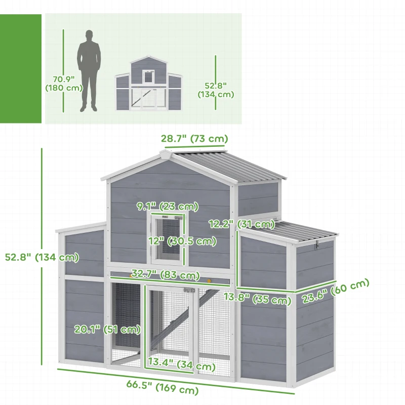 PawHut 66.5" Large Chicken Coop, Wooden Chicken House with 2 Nesting Boxes, Sliding Tray & Ramp, for Outdoor Backyard Farm