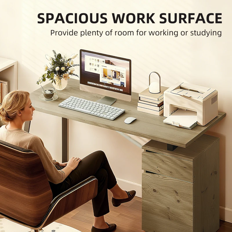 HOMCOM 53 Inch Computer Desk, Writing Table with Cabinet, Drawer, Adjustable Shelf for Home Office Study, Natural Wood