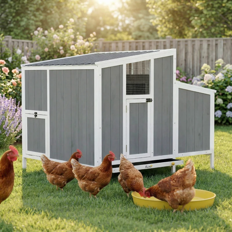 PawHut Chicken Coop, Wooden Chicken House for 4-6 Hens, Outdoor Hen House with Nesting Box, Pull-Out Tray and Weatherproof Roof