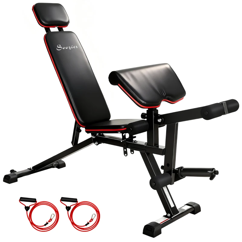 Soozier Adjustable Weight Bench with Wheels, Load 660LBS Workout Bench with Leg Extension, Preacher Curl and Resistance Bands