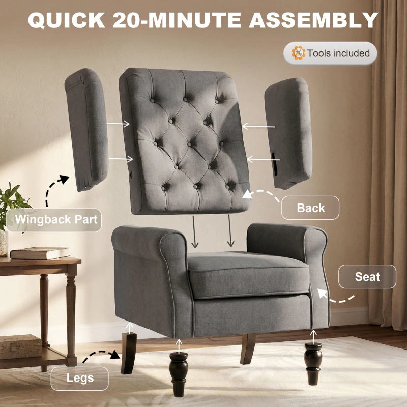 HOMCOM Wingback Accent Chair for Living Room, Button-Tufted Lounge Chair with Round Armrests and Wood Legs, Dark Gray