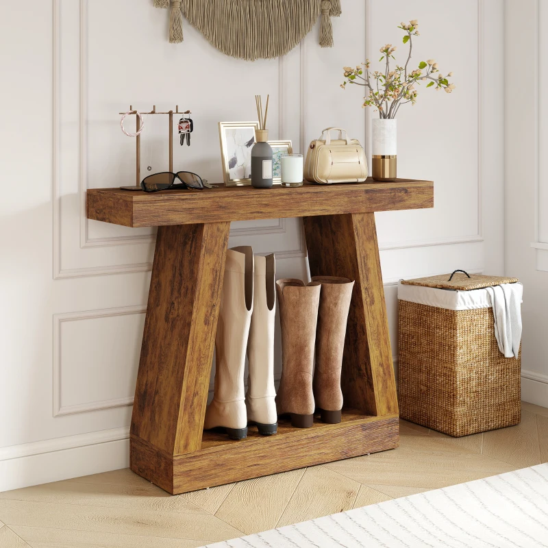 HOMCOM 42" Farmhouse Console Table, 2-Tier Entryway Table with Storage for Hallway, Living Room, Behind Couch, Dark Brown
