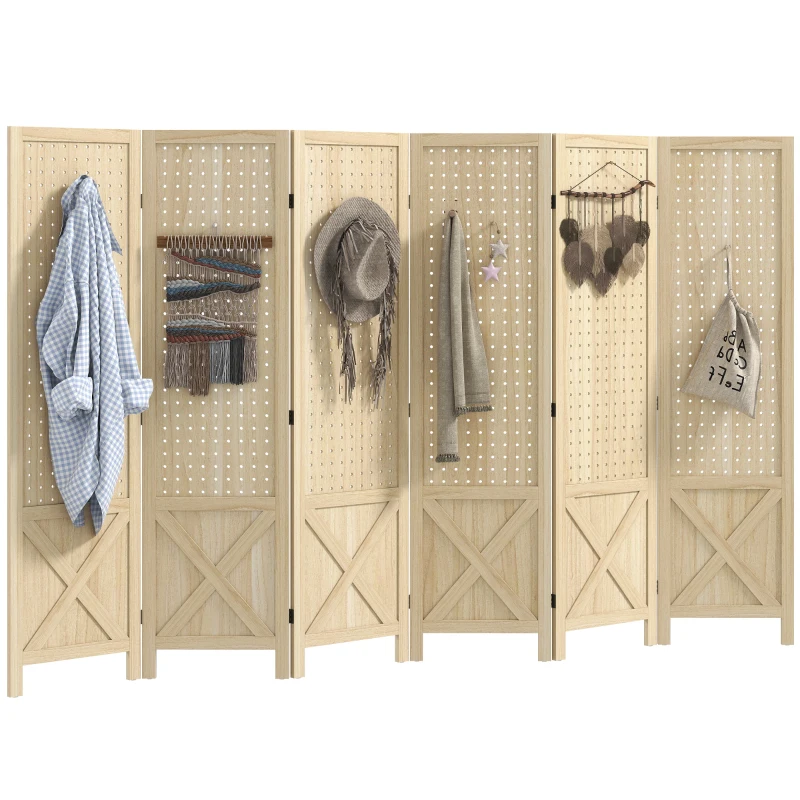 HOMCOM Wooden Room Divider with Pegboard Display, 6 Panel Folding Privacy Screen for Home Office, Natural Wood