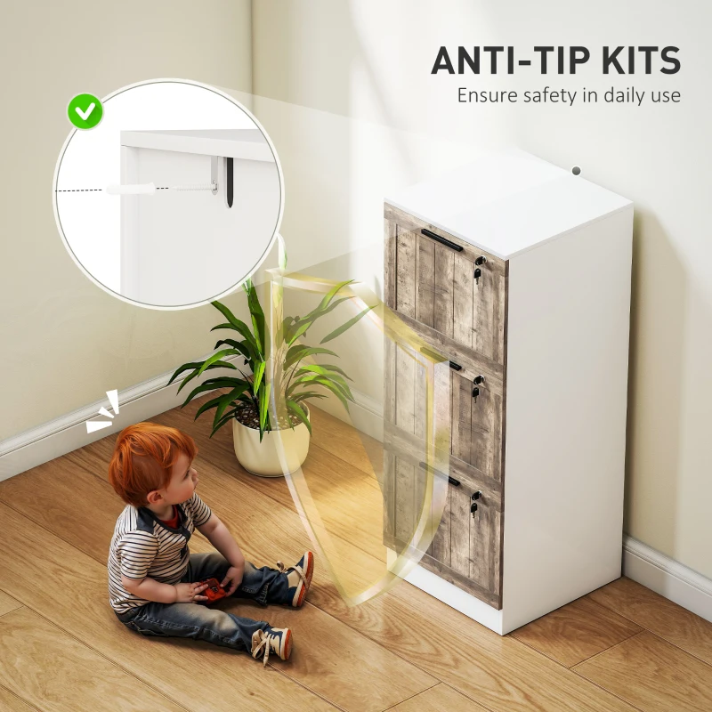 HOMCOM 3 Drawer Filing Cabinet, Farmhouse File Cabinet with Lock, Adjustable Hanging Rails for A4 Letter Size Files, White