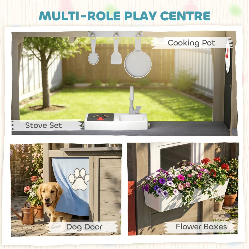 Qaba Outdoor Playhouse, Wooden Kids Playhouse with Dog Door, Flower Box, Cookware & Window for Garden Ages 2+, Gray