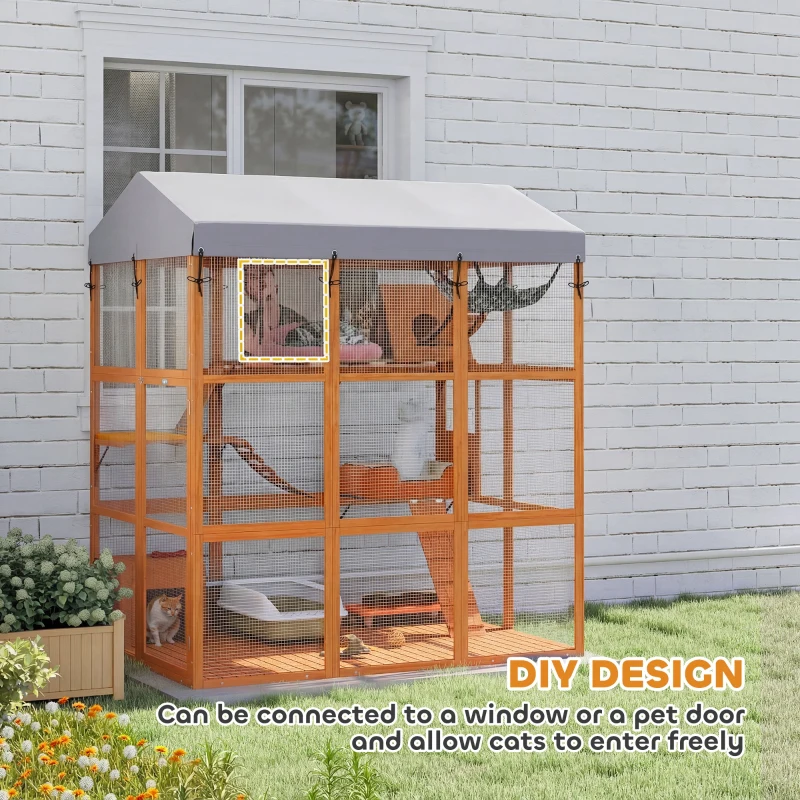 PawHut 81"H Catio Outdoor with Floor to Prevent Escaping & Easy Cleaning, for 2-4 Cats Kittens, Orange