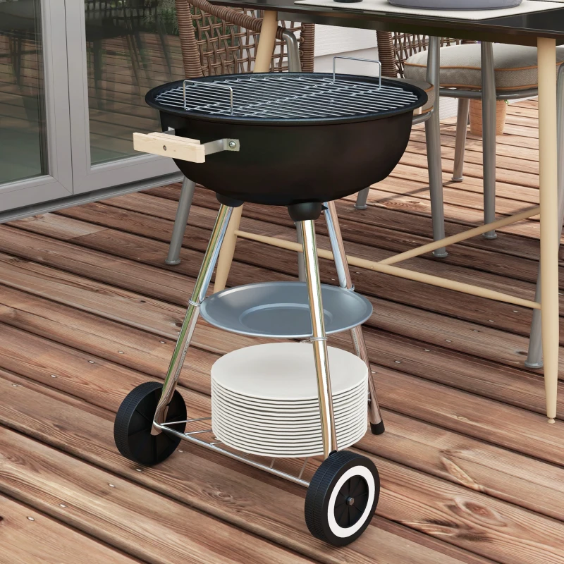 Outsunny Portable Charcoal BBQ Grill, Steel Outdoor Camp Picnic Cooker with Lid, Air Vents, Wheels and Storage Shelf, Black