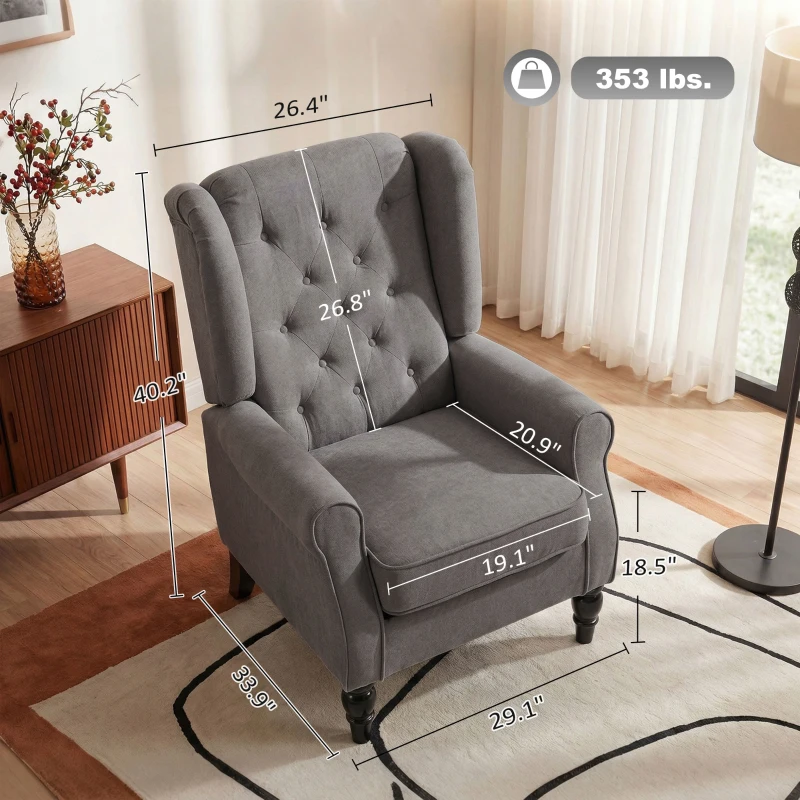 HOMCOM Wingback Accent Chair for Living Room, Button-Tufted Lounge Chair with Round Armrests and Wood Legs, Dark Gray