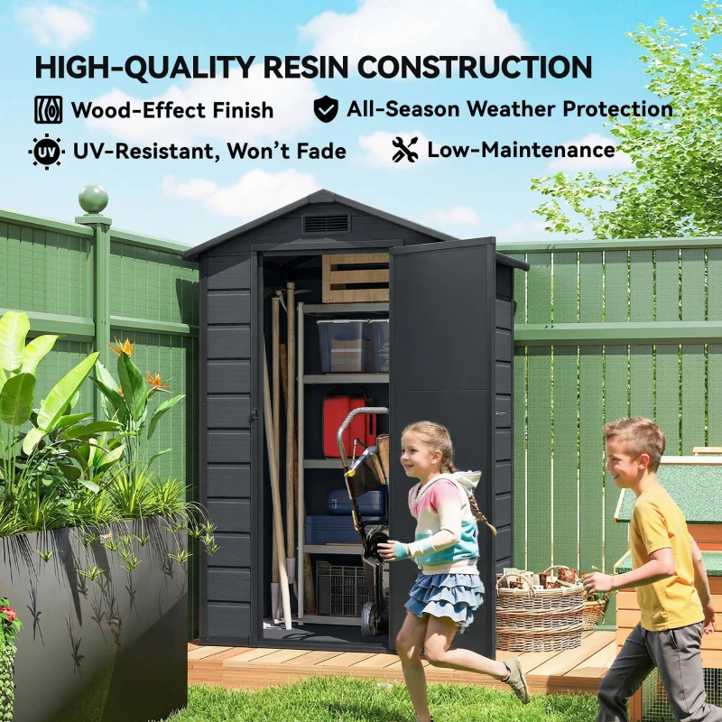 Outsunny 4' x 3' Plastic Garden Shed with Floor, Outdoor Small Shed with Lockable Door, Window and Vent, Dark Grey