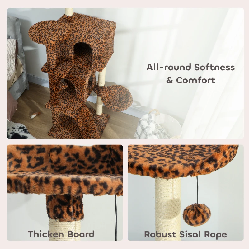 PawHut 63 Inch Cat Tree with Sisal Scratching Posts, Condos, Plush Perches, Hammock, Ladder, Dangling Balls, Leopard Print