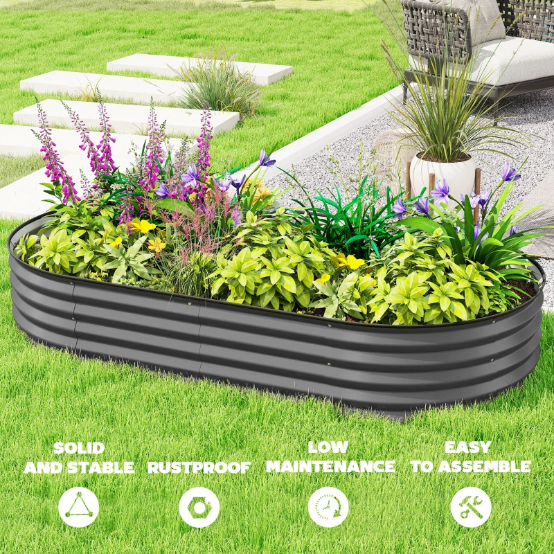 Outsunny 6' x 3' x 1' Large Outdoor Planter Box, Galvanized Raised Garden Bed with Metal Plant Stake, Dark Grey