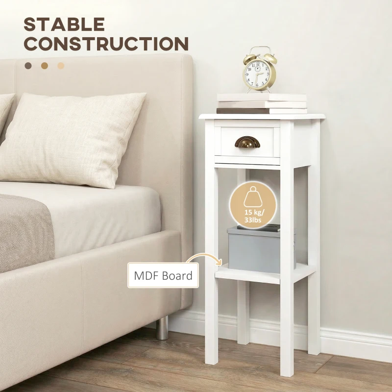 HOMCOM 2-Tier Side Tables Set of 2 with Drawer and Shelf, 2 Pieces End Tables for Living Room and Hallway, White