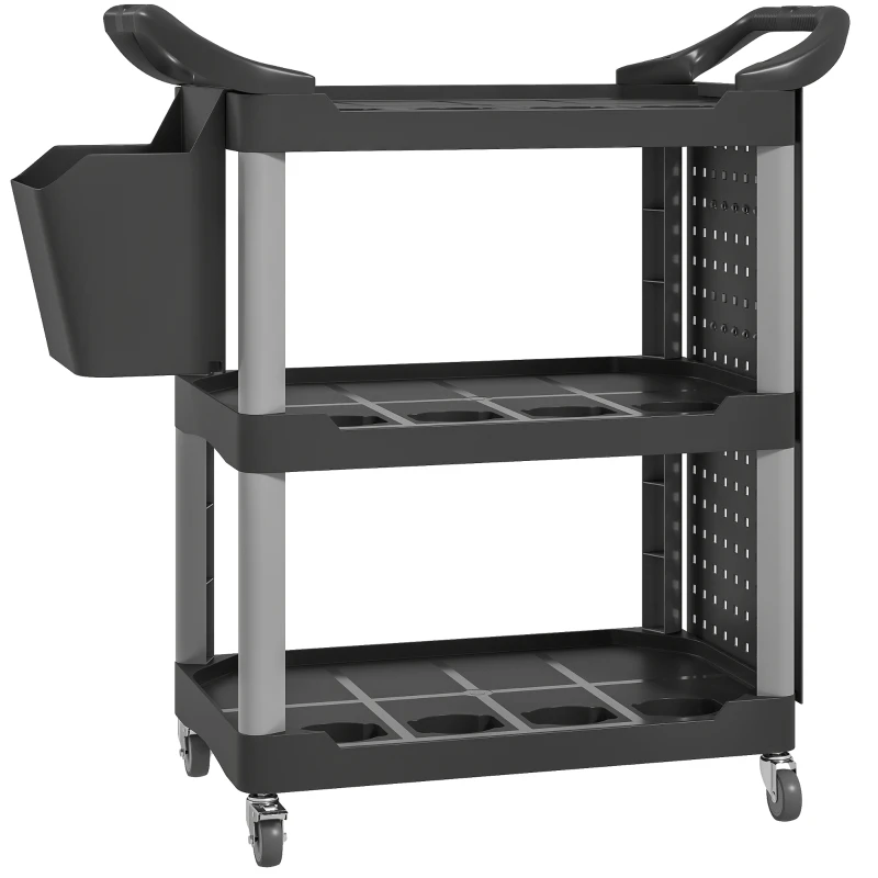 HOMCOM 3-Tier Rolling Tool Cart, 200 LBS Capacity Plastic Utility Cart with Side Shelf and Bucket, Black and Light Gray