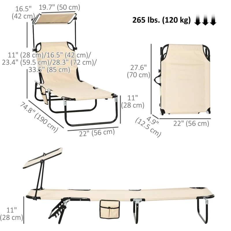 Outsunny 2 Piece Folding Outdoor Chaise Lounges, Pool, Sun, Tanning Chairs with Reclining Back, Sunshade for Beach, Patio, Tan